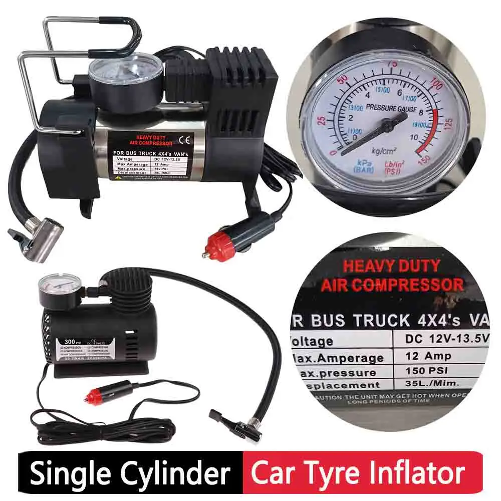 12V 150psi Heavy Duty Deluxe Portable Metal Air Compressor With Pressure Gauge Car Tyre Inflator Cigarette Lighter Socket ﻿