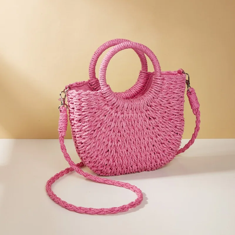 Sac en paille demi-rond tissé à la main pour femme, fourre-tout bohème pour les vacances d'été, sac de plage à poignée supérieure, sac initié par une femme, 2024