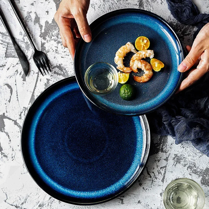

1pc Blue Ceramic Dinner Plate Cat Eye Design Dinner Dishes Round Salad Dessert Serving Plate Kitchen Dinnerware 8/10 inch G6K5M8