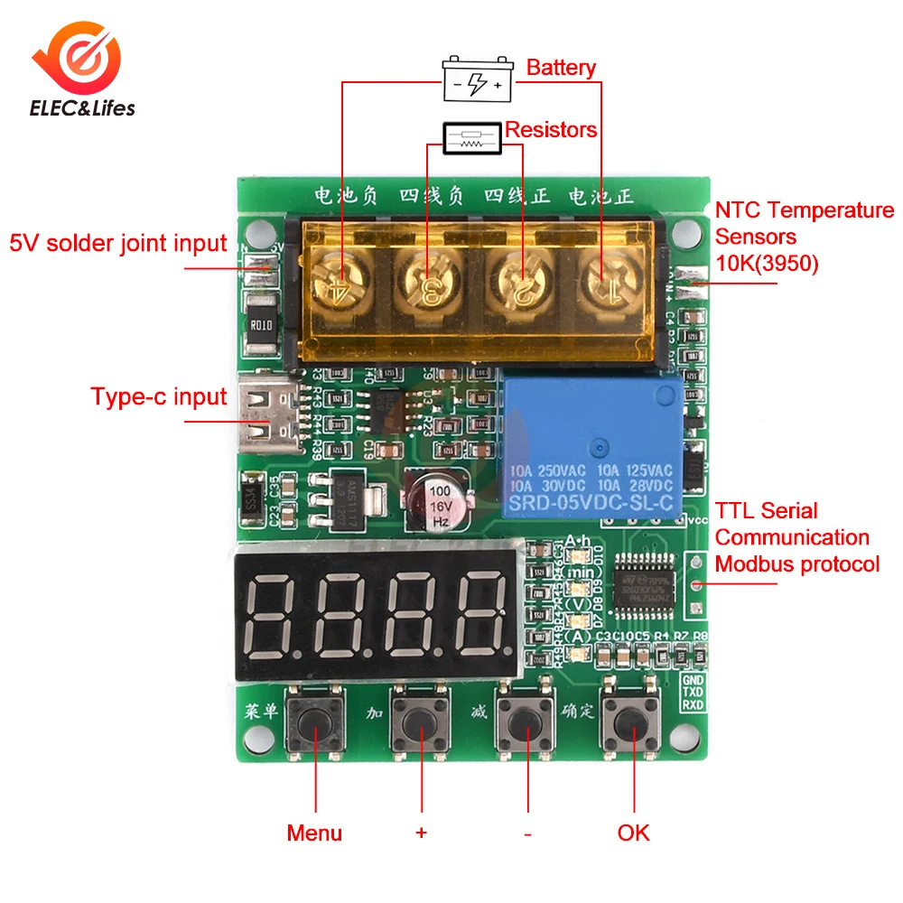 300W 30V 10A 18650 Lithium Battery Capacity Tester Resistance Discharge Electronic load TTL Serial Port Modbus Communication