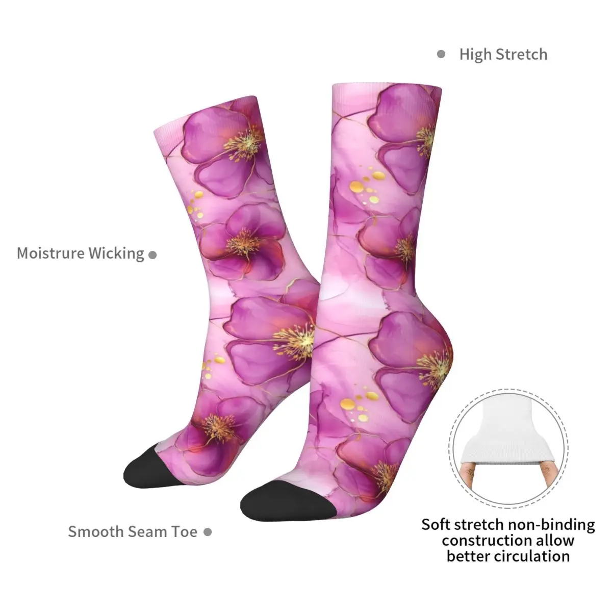 Pink Alcohol Ink Flowers Socks Harajuku Super Soft Stockings All Season Long Socks Accessories for Unisex Christmas Gifts