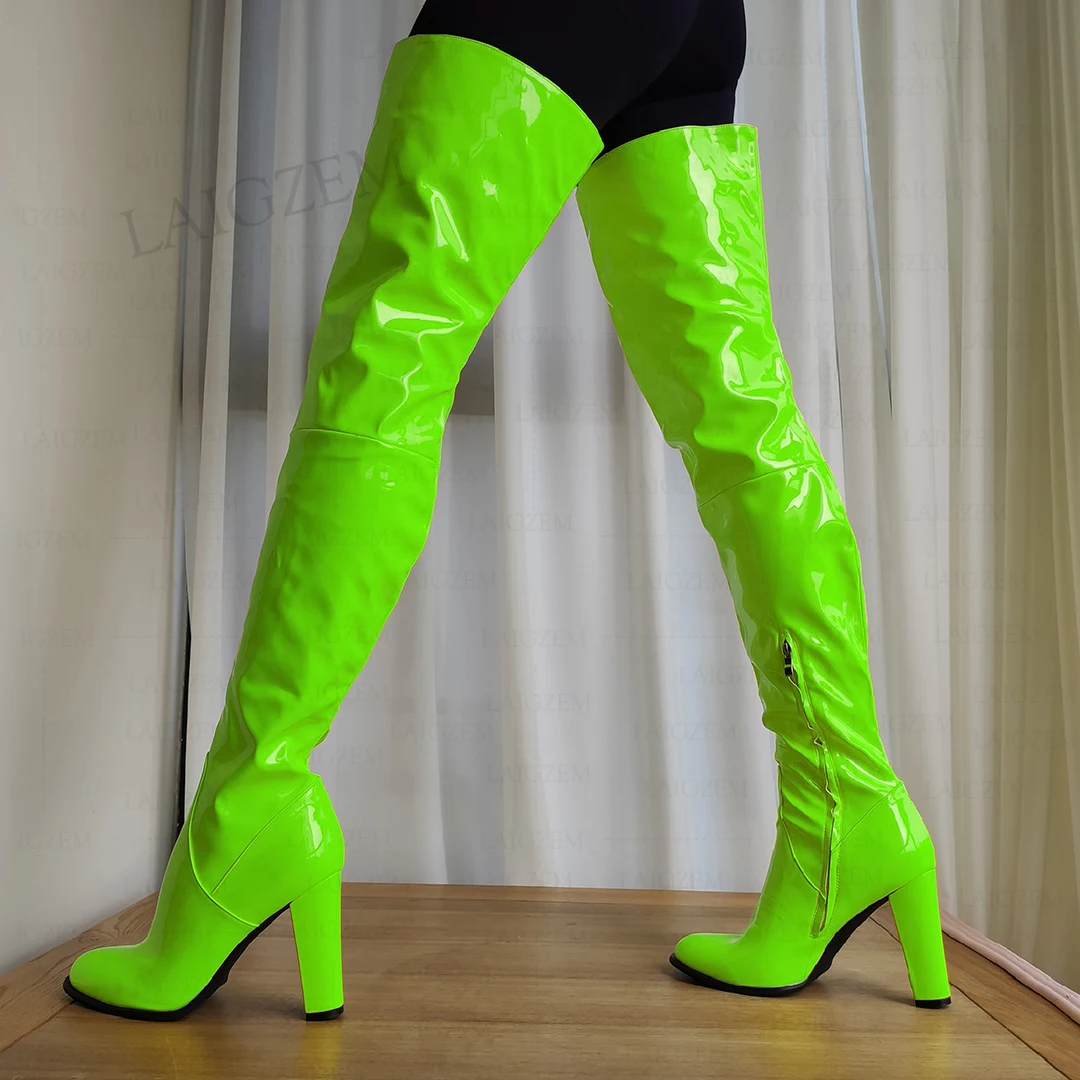 ZHIMA Women Thigh High Boots Round Toe Shiny Thick High Heels Over Knee Boots Handmade Ladies Shoes Woman Big Size 41 44 47 52