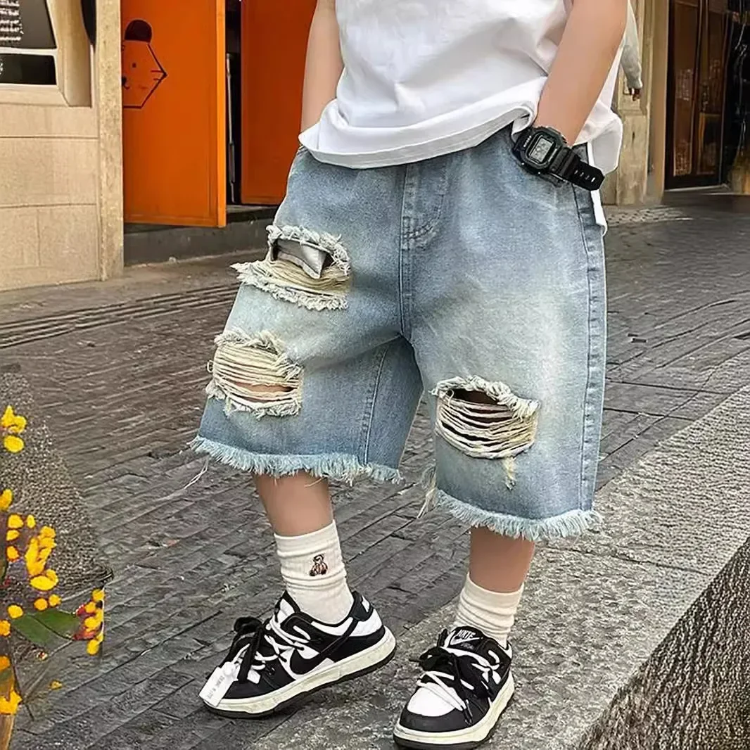 New 2025 Boys Summer Thin Denim Five-point Pants Kids Fashion Ripped Denim Shorts Trousers Teen Casual Jeans Children's Clothing