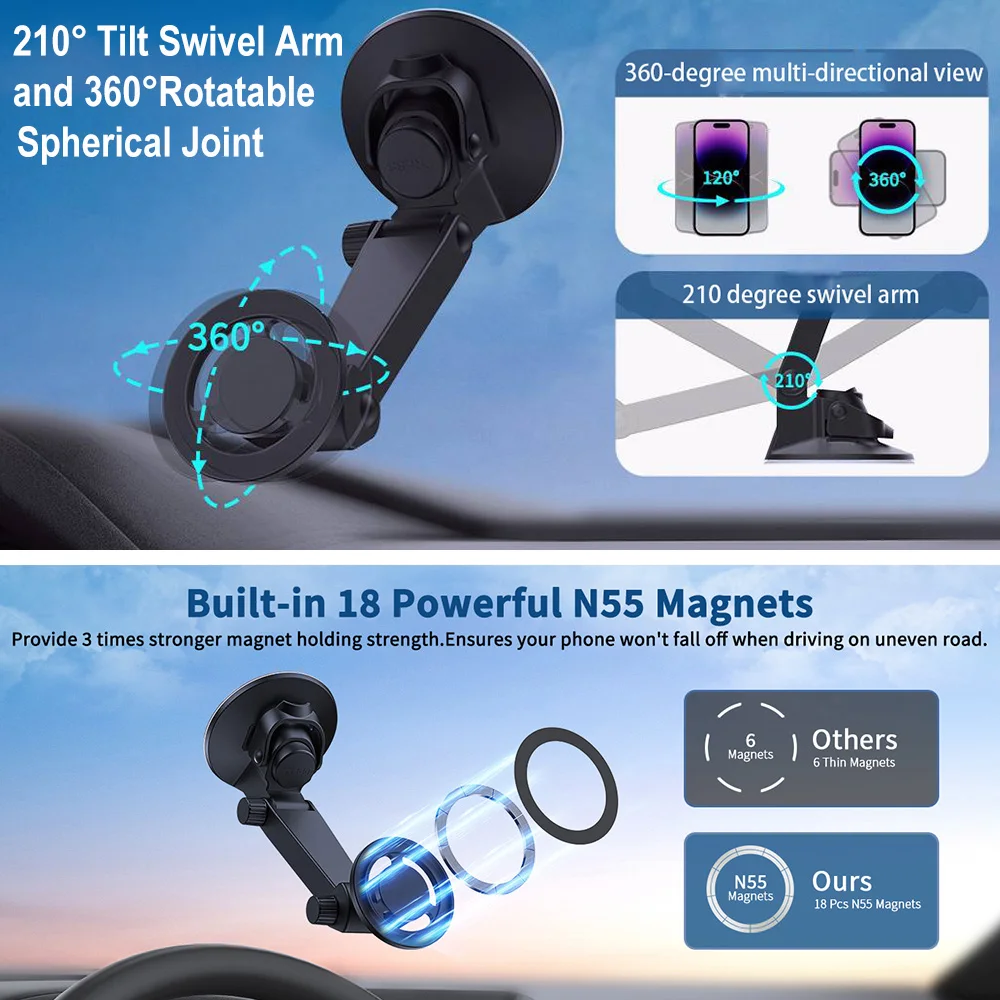 Magnetic Car Suction Cup Phone Mount, N55 Strong Magnet Windshield 360° Rotating Car Phone Holder For Car Auto Accessories