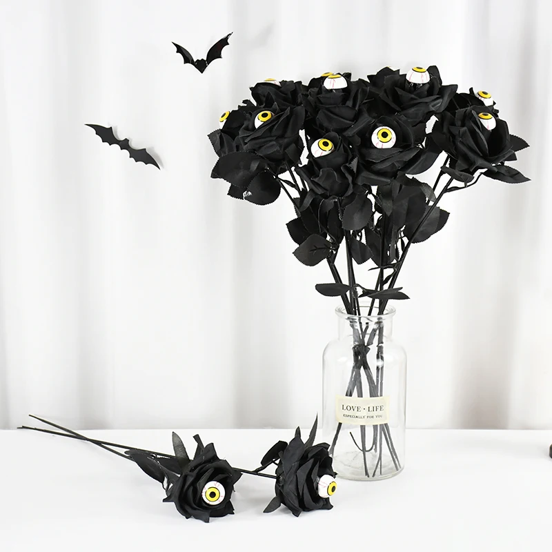5P هالوين الورود السوداء زهرة اصطناعية مع مقلة عين واقعية طويلة الجذعية باقة الورد الأزهار هالوين ديكور المنزل الطرف