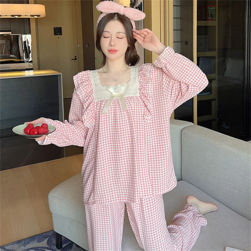 Sweet Print Sleepwear Set Long Sleeve Trousers Wrinkled Cotton Pants Ruffle Home Wear Skin-Friendly Breathable Pajama