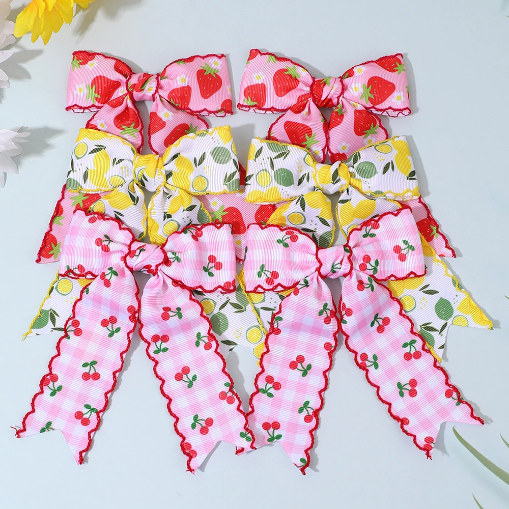 2PCS Spring Summer Grosgrain Ribbon Boutique Hair Bow Moonsticth Edge Long Tails Hair Clip Print Fruit Girls Hair Accessories