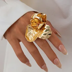 DIEZI Exaggerated Big Flower Geometric Metal Gold Silver Color Open Ring Women Men Goth Punk Couple Adjustable Rings Jewelry