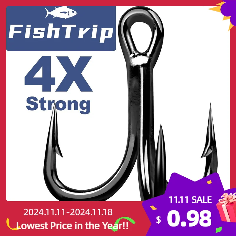 FishTrip 4X Strong Treble Hooks Triple Hooks Saltwater High Strength Replacement Hook for Lure, Spoon, Jigs & Rig