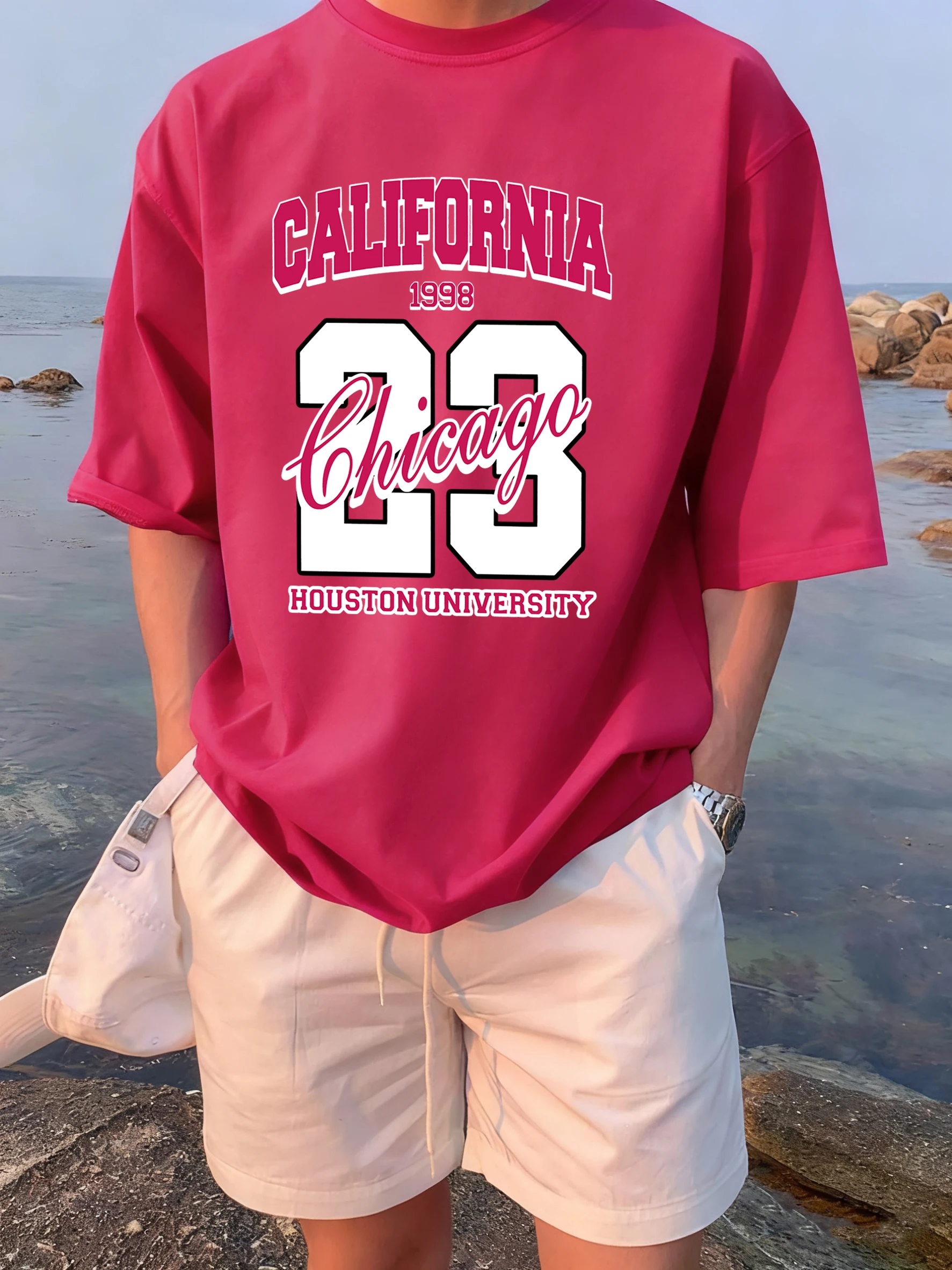 

California Chicago Houston University Print Clothes Mens Summer Breathable Short Sleeve Vintage Loose T-Shirts Cotton Street Top