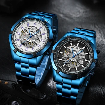 Forsining new stainless steel waterproof men transparent skeleton blue watches luxury billion lion mechanical sports reloj hombre