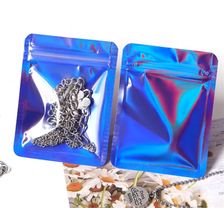 100PCS Flat Holographic Laser Ziplock Bag DIY Xmas Jewelry Badge Nail Beauty Chains Snack Candy Wedding Gifts Packaging Pouches