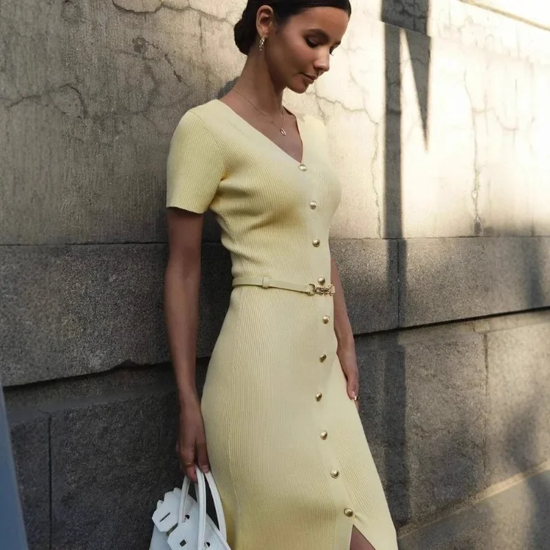 Sólido de malha bodycon maxi vestido feminino elegante sexy com decote em v manga curta único breasted magro casual streetwear longo rob e