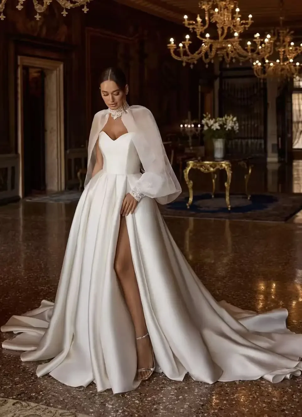 Elegant A-Line Satin Decal Women's Wedding Dress Sexy Sweetheart Off The Shoulder Detachable Ball Bridal Gown Customized