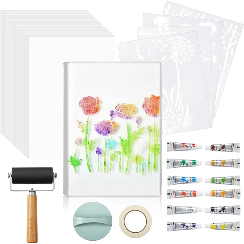 

B45C Complete Monoprinting Set 8 X 10 Inch Gel Printing Plate Kit Including Brayer, Acrylic Paint,Paper And Tools For Card Makin