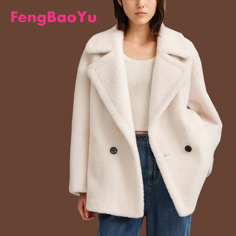 Fengbaoyu High-end Sheep Wool Women's Coat Autumn and Winter New Teddy Short White Fashion Coat Outdoor Travel Warm Leisure