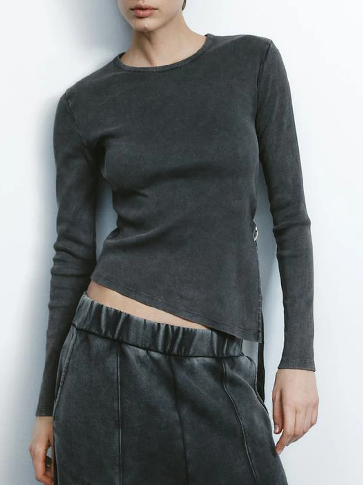 

European style new women's fashion versatile temperament with belt ribbed oblique hem round neck long-sleeved T-shirt
