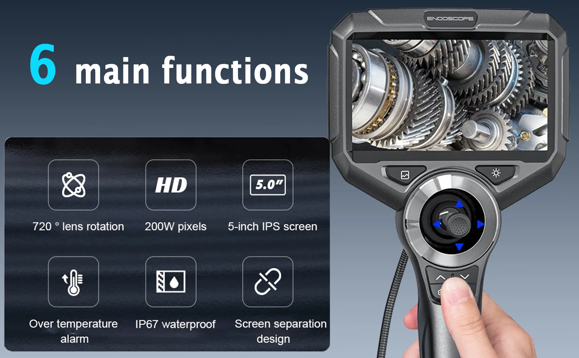 6mm720 Degrees All Way Steering Industrial Endoscope for Car Pipe Inspection Sewer Camera Borescope With 5 Inch HD Screen