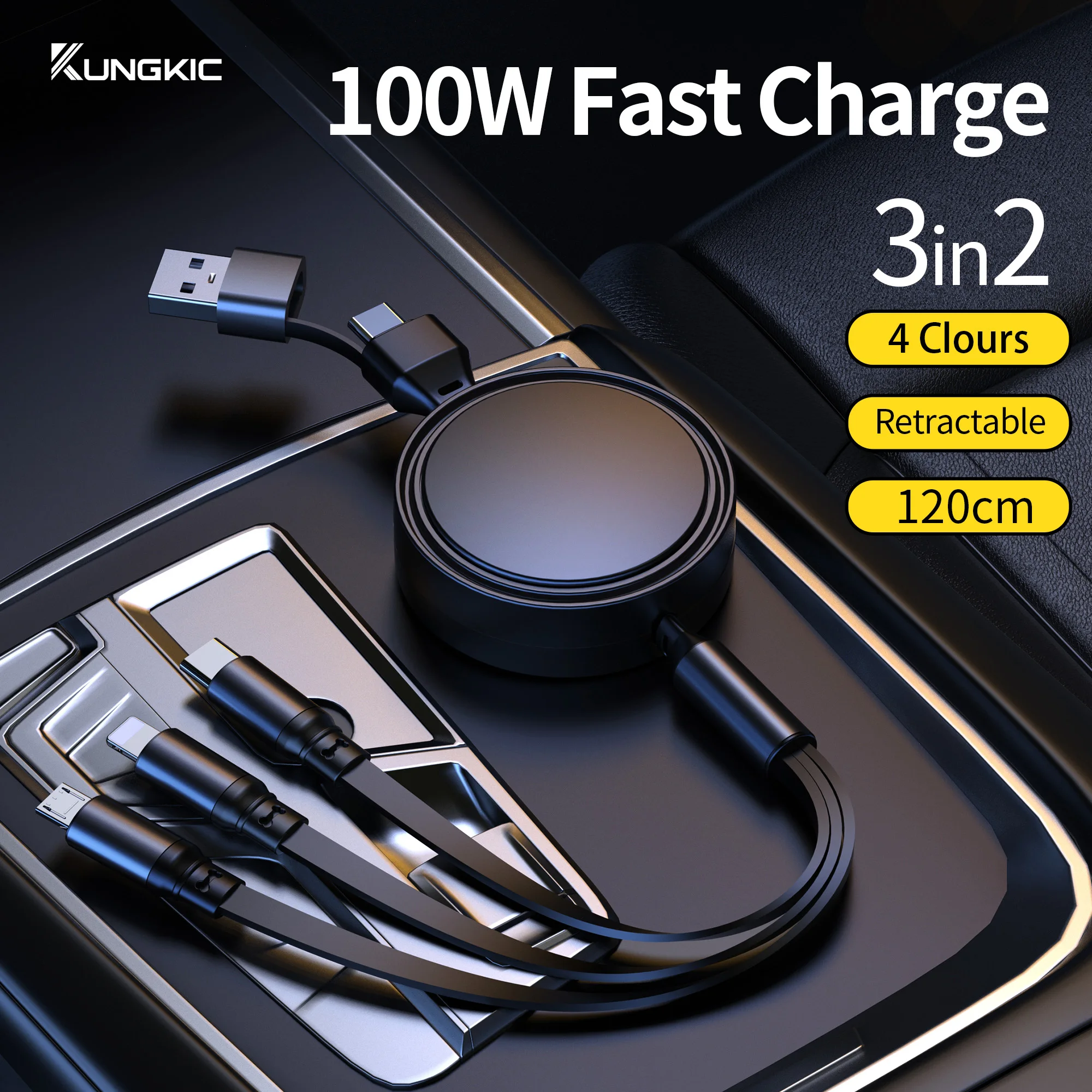 Retractable 3 in 2 USB Cable 100W for iPhone & Type C, Smart Trickle Charging 1.2m Long Charger for Fast & Safe Charging