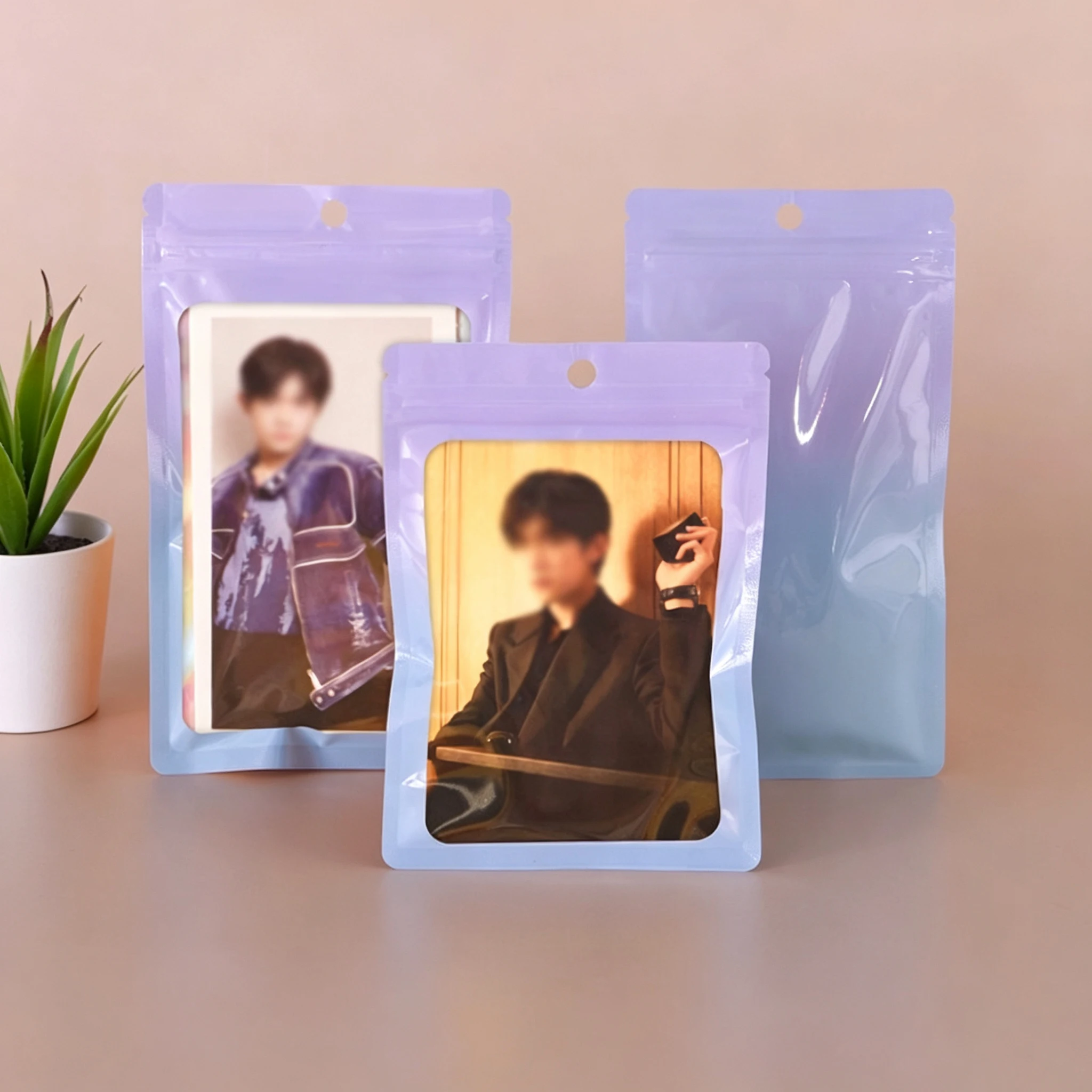 50PCS Pink Blue Gradient Holographic Zipper Pouches, Clear Foil Window Bags for Jewelry Photocard Storage Packing
