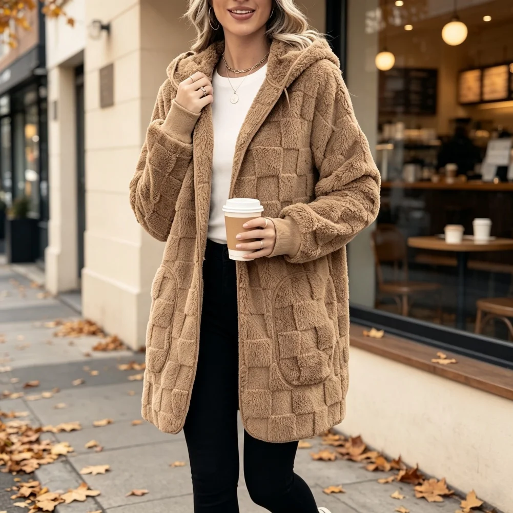 Womens Hooded Fleece Cardigan Solid Color Checkered Design Embossed Texture Regular Length Summer Layering Top