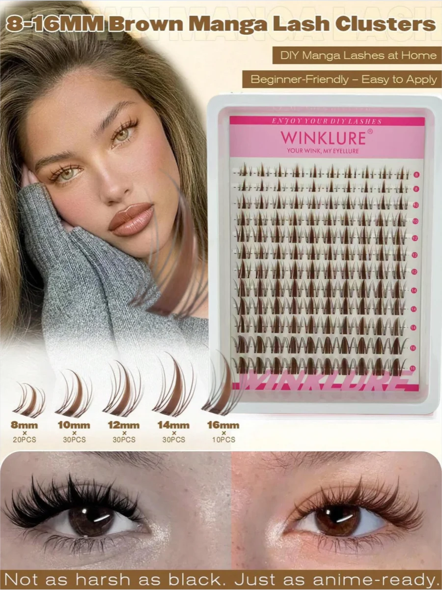 WINKLURE Braune Wispy Lash Clusters, gemischte Länge, C-Curl, flauschige Wimpernverlängerungen mit transparentem Stiel, natürlich aussehend, individuell anpassbar. – Detail 8