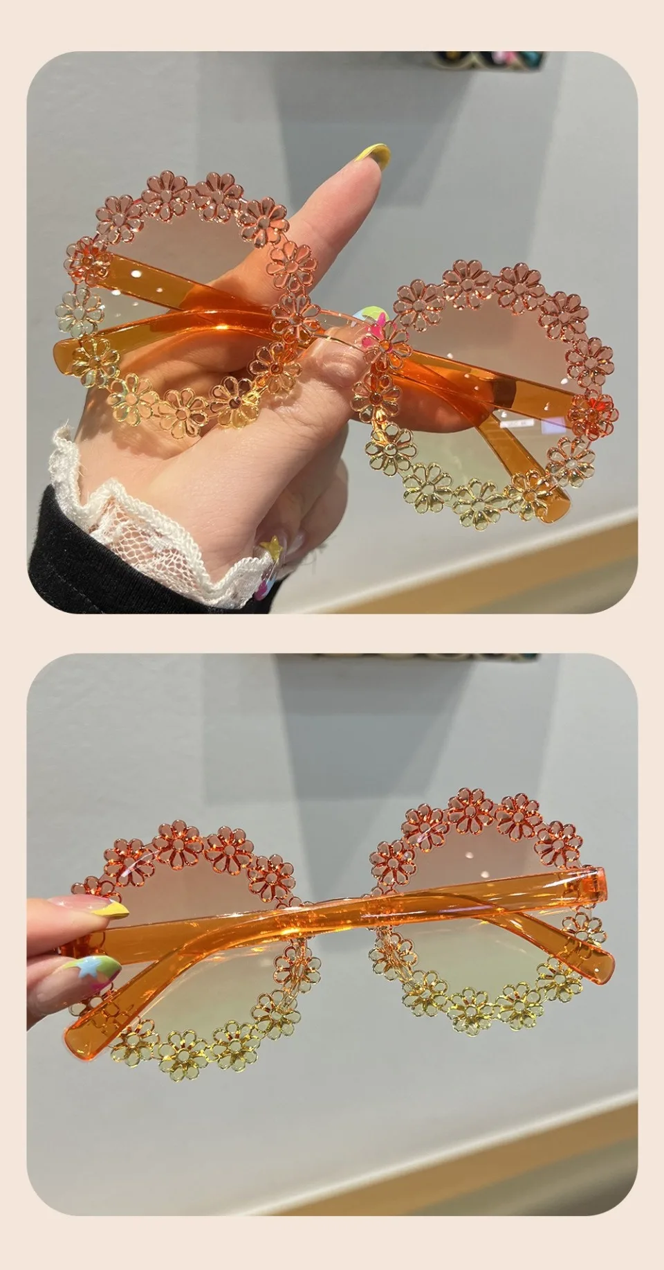 Blumenförmige Sonnenbrille für Mädchen, stilvolle mehrfarbige Dekor-Sonnenbrille für Kinder, trendige neue süße Kinder-Sonnenbrille – Detail 8