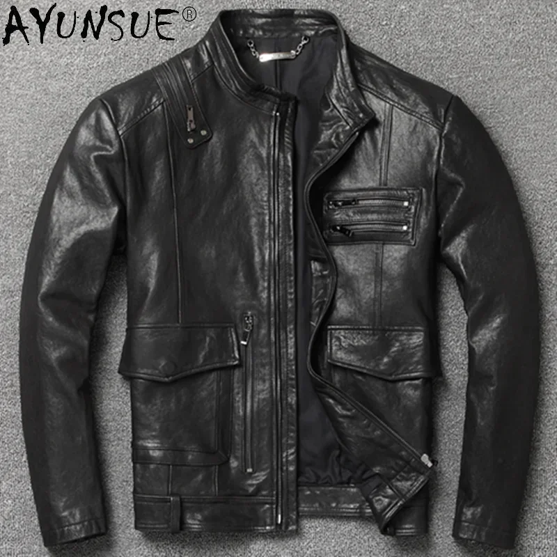 

AYUNSUE Vintage Genuine Leather Jacket Men Goatskin Coat Motorcycle Mens Jackets and Coats Spring Autumn Hommes Veste