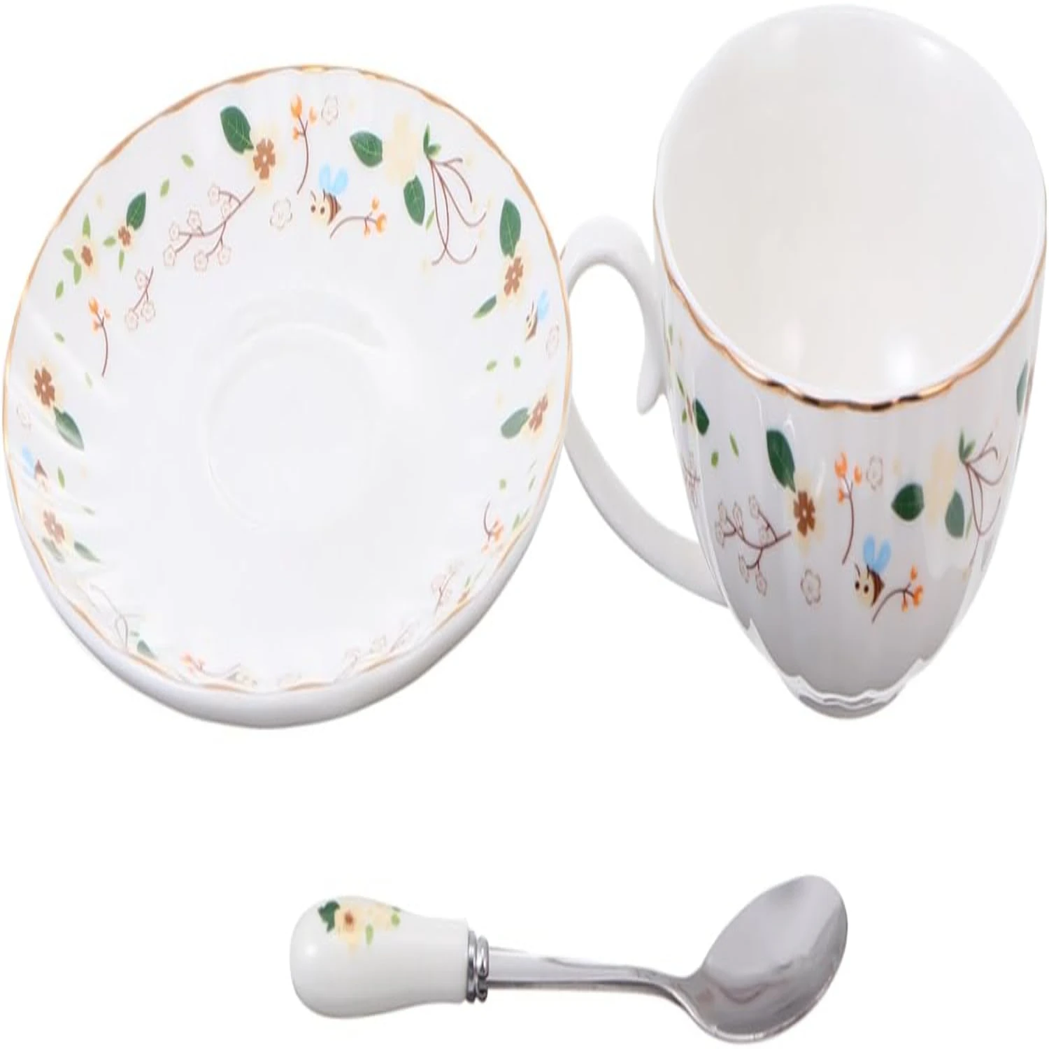 Elegant and beautiful vintage floral ceramic tea cups with matching spoons - exquisite set of unique espresso and coffee cups wi