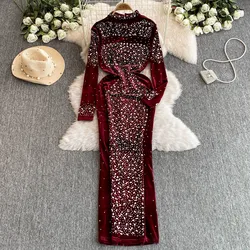 Sexy Bodycon Long Sleeve O Neck  Rhine Stone Velvet Dress Chic Elegant Vestidos Vintage Autumn Women Fashion Dress