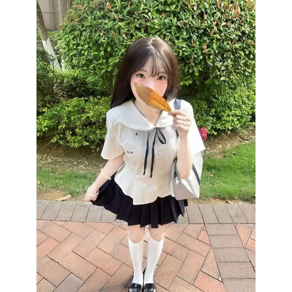 

plus Size Doll Collar Short Sleeve JK Uniform Set Shirt Waist Cinched Petal Cute School Uniform Casual Style Four Seasons Wear