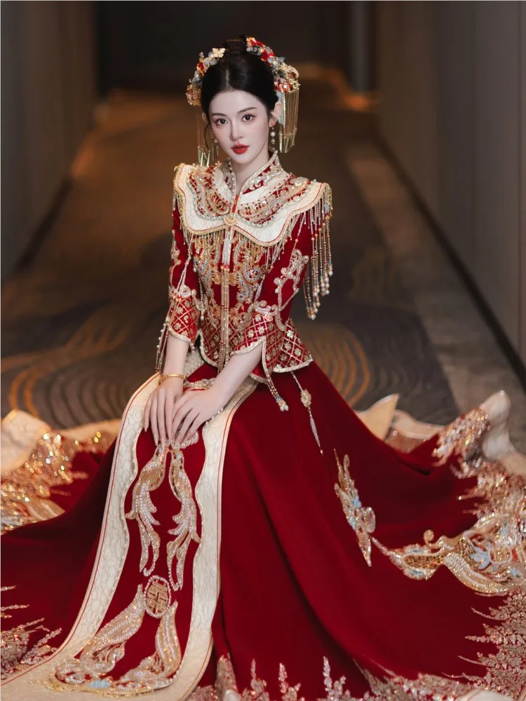

Velvet heavy industry dress new bride's wedding Chinese-style toasting and