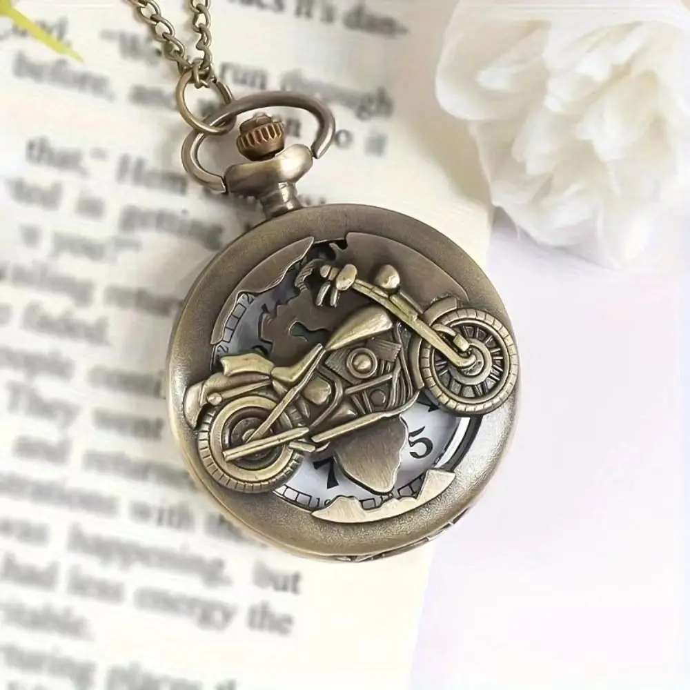 Vintage Motorcycle Pocket Watch with Necklace Chain Unique Gift Quartz Watch Bronze Retro Watch for Motorcycle Enthusiasts