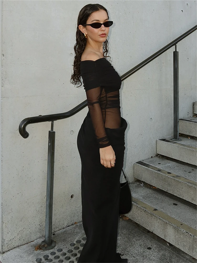 ปิดไหล่ SHEER ตาข่ายไม่สมมาตรแม้ชุดเซ็กซี่ Slim Bodycon Maxi ชุด Chic Elegant Partywear ชุดยาวสําหรับผู้หญิง