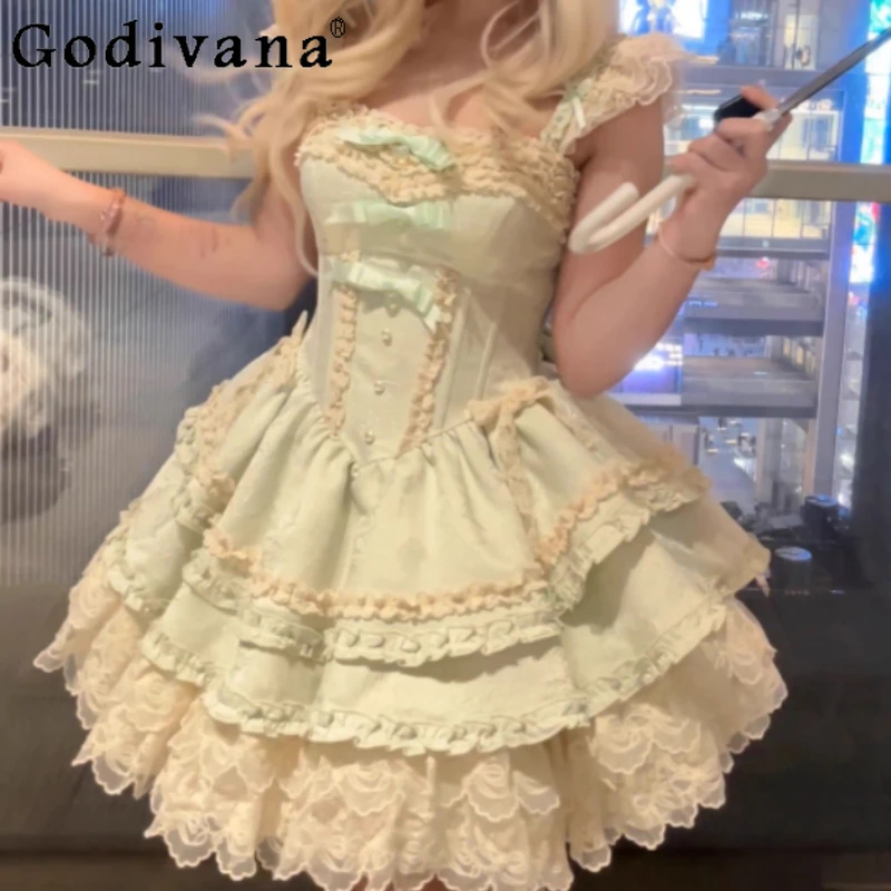 Elegant Lolita Ballet High Waist Cake Princess Dress Fashion A-line Sweet Bow Birthday Party Halloween Fairy Suspender Dresses