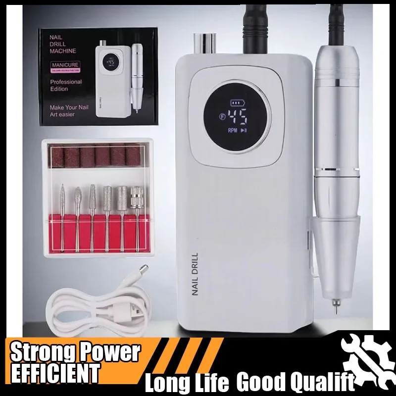 

Горячая высокоскоростная аккумуляторная дрель для ногтей 45000 об/мин с ЖК-дисплеем, малошумная профессиональная шлифовальная машинка для лака для ногтей, аксессуары для ногтей