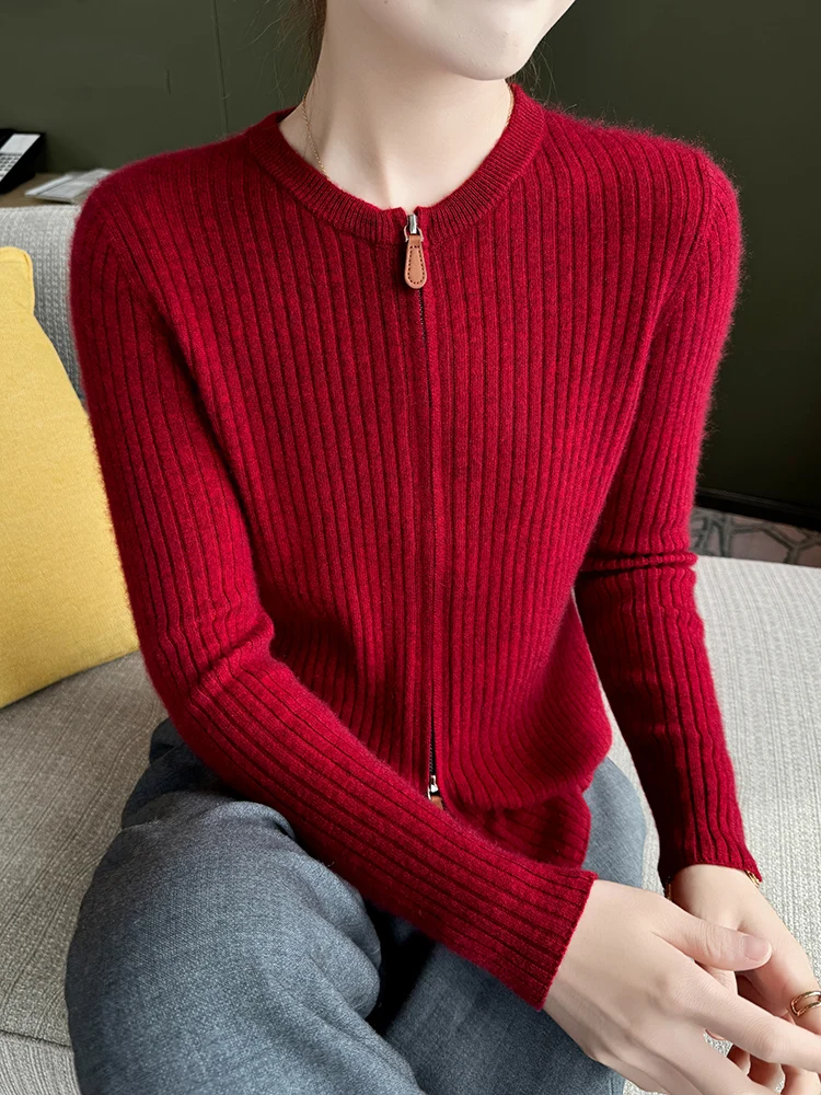 

100% Cashmere Cardigan Autumn Winter Women's Zipper Sweater Overcoat O-Neck Vertical Stripe Slim Fit Grace Soft Warm Clothes Top