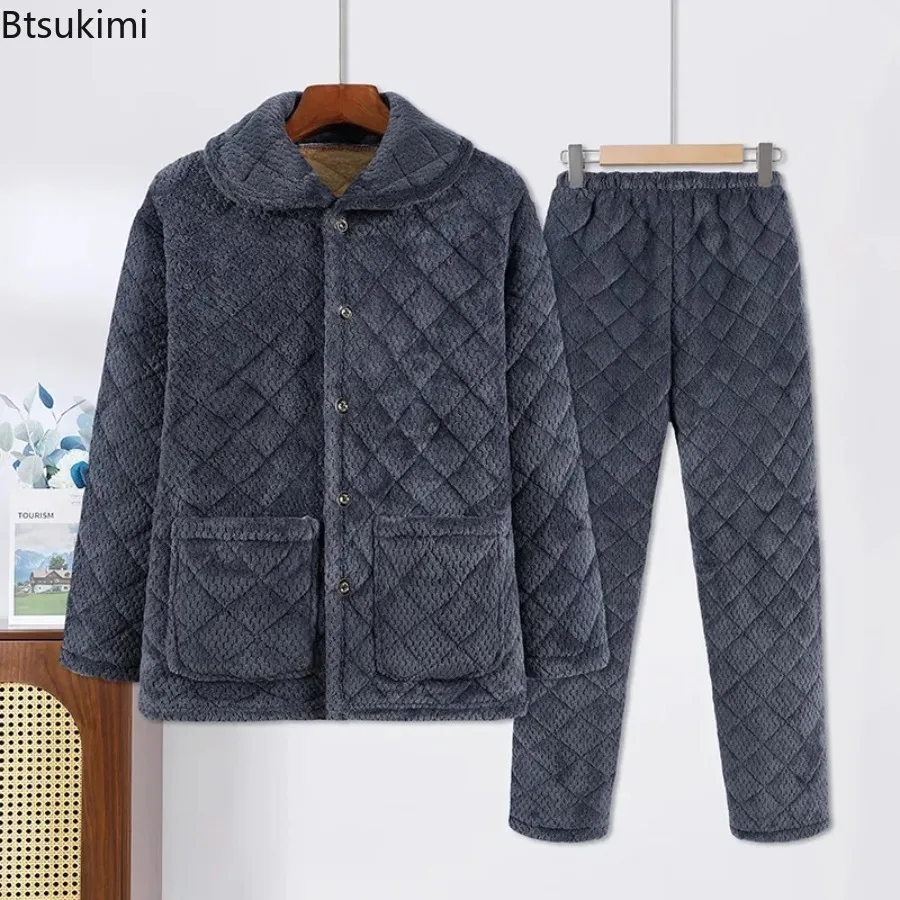 Męski zimowy gruby komplet piżamowy, jednolity kolor, przytulny polar, ciepły strój domowy, bawełniany, ocieplany, dwuczęściowy zestaw do spania i wypoczynku dla mężczyzn.