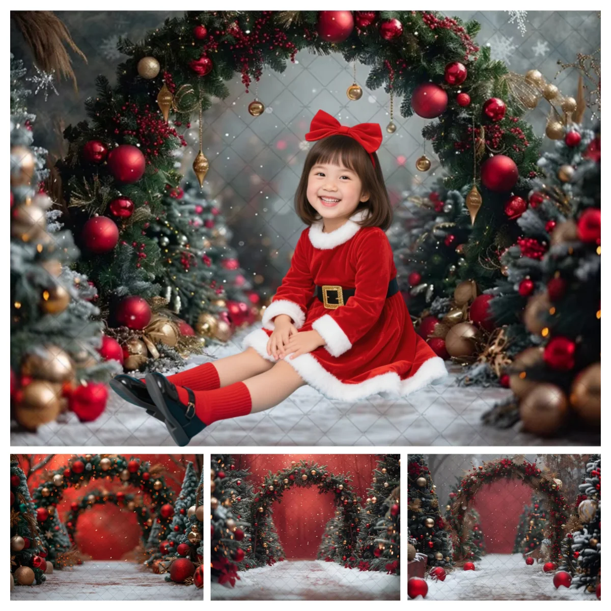 

Red Christmas Background Photography Glitter Xmas Tree Arch Door Snowy Backdrop Winter Kids Birthday Party Studio Props