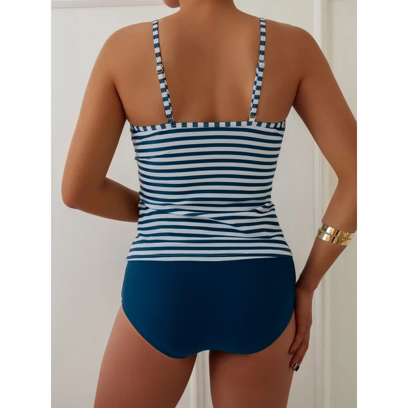 Gestreifter zweiteiliger Badeanzug für Damen, Tankini-Badebekleidung, konservativer Tankini-Badeanzug