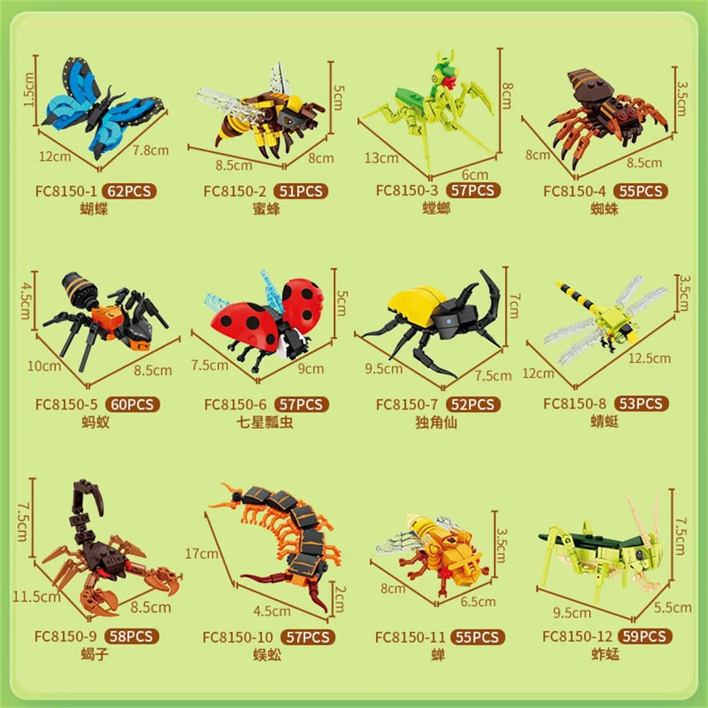 Moc inseto modelo animal abelha formiga borboleta críquete gafanhoto conjunto blocos de construção diy crianças quebra-cabeça montar brinquedos menino presente do miúdo