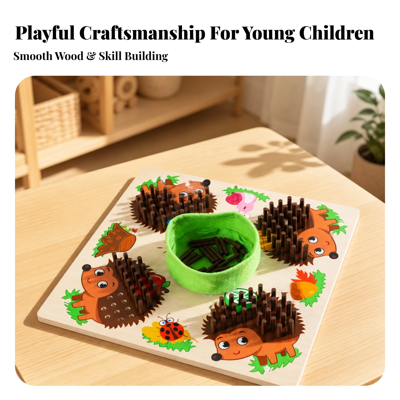 Hedgehog-Themed Educational Board Game Tactile Wooden Hedgehog Peg Board Game Screenno-Screen Brightly Colored for Preschoolers
