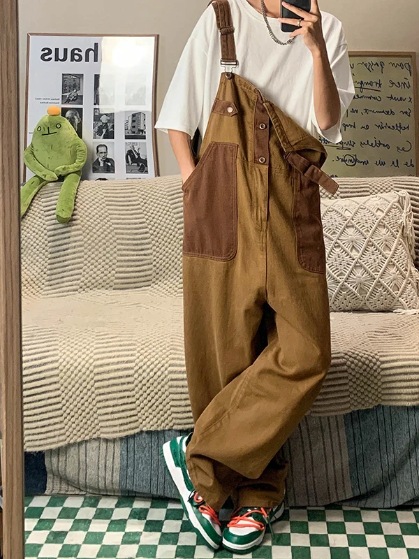 

Ретро-джинсовые комбинезоны в японском стиле для мужчин: свободные широкие брюки-карго, повседневный дизайн, летние джинсы с высокой талией