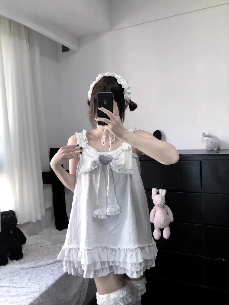 夏多用途甘くてかわいい女の子リボンレースルーズショートドレス日本オリジナルデザイン無地ノースリーブケーキドレス