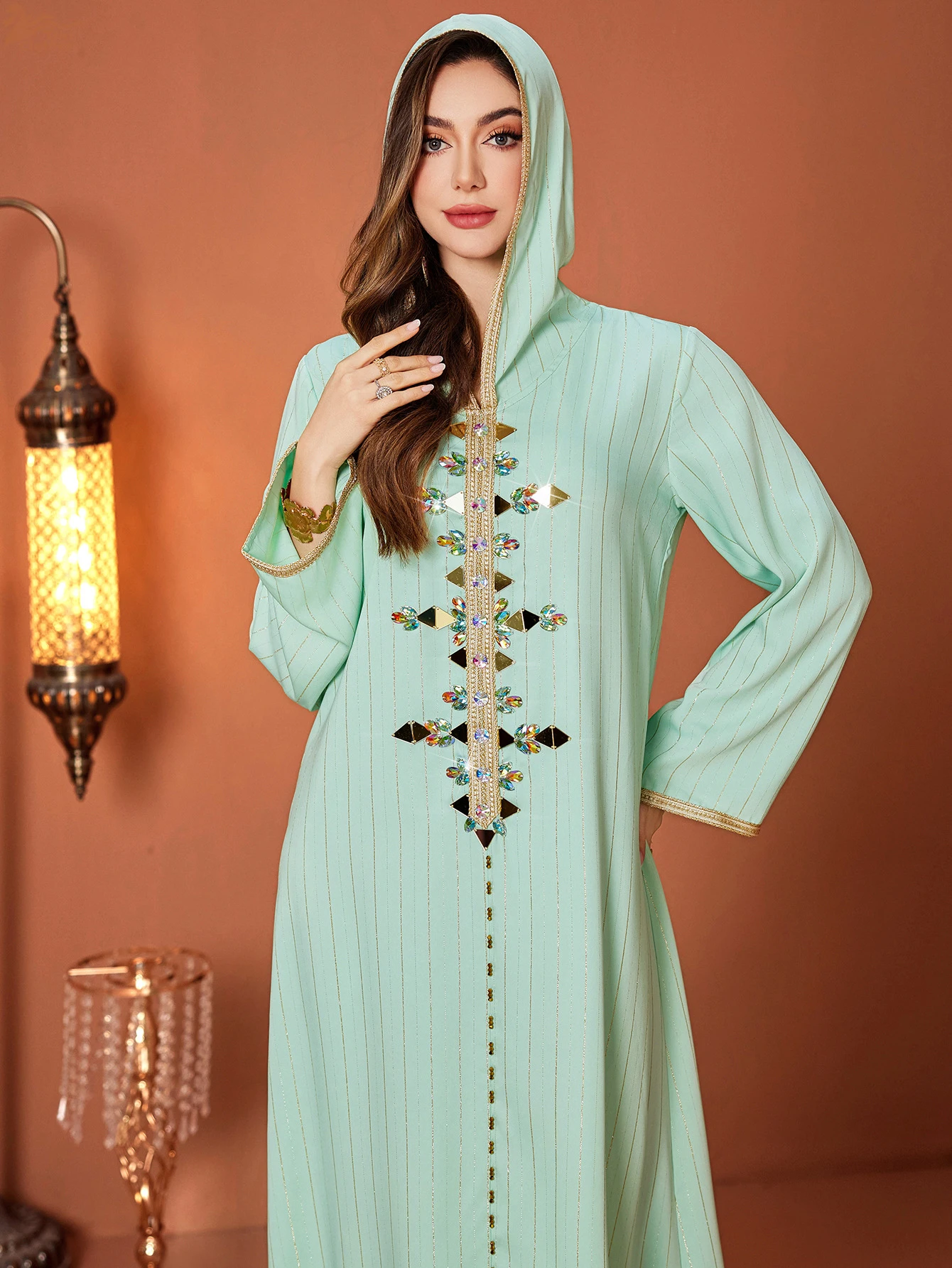 Eid Mubarak Djellaba Hooded Maxi Dress for Women Diamonds Abaya Dubai Turkey Kaftan Islamic Clothing Arabic Robe Jalabiya Gown