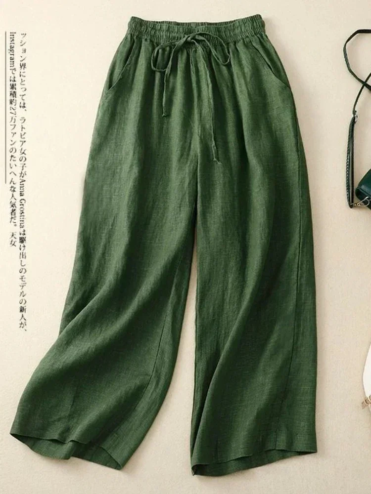 Retro Cotton and Linen Wide-leg Pants Women's Lace-up Solid Versatile Loose Casual Pants Summer Elastic Waist Ankle-Length Pants