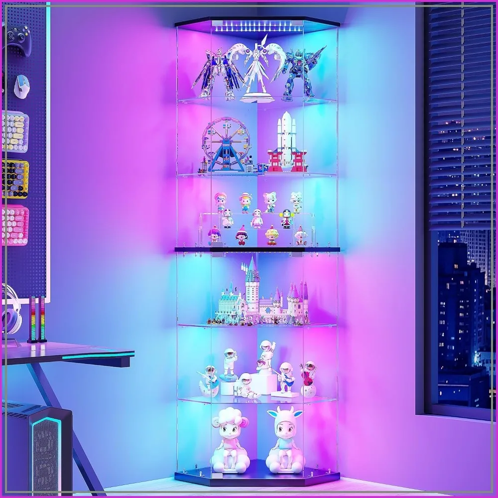 6-Tier Corner Display Cabinet Full Glass with RGB Light Black
