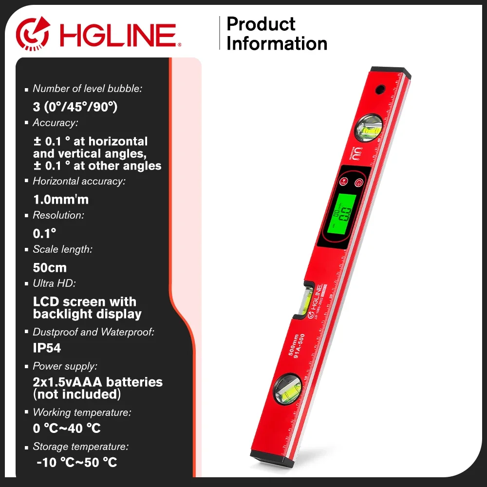 HGLINE 50CM Digital Spirit Level Finder Protractor Inclinometer Horizontal Ruler With 0/45/90° Three Angles Horizontal Bubbles