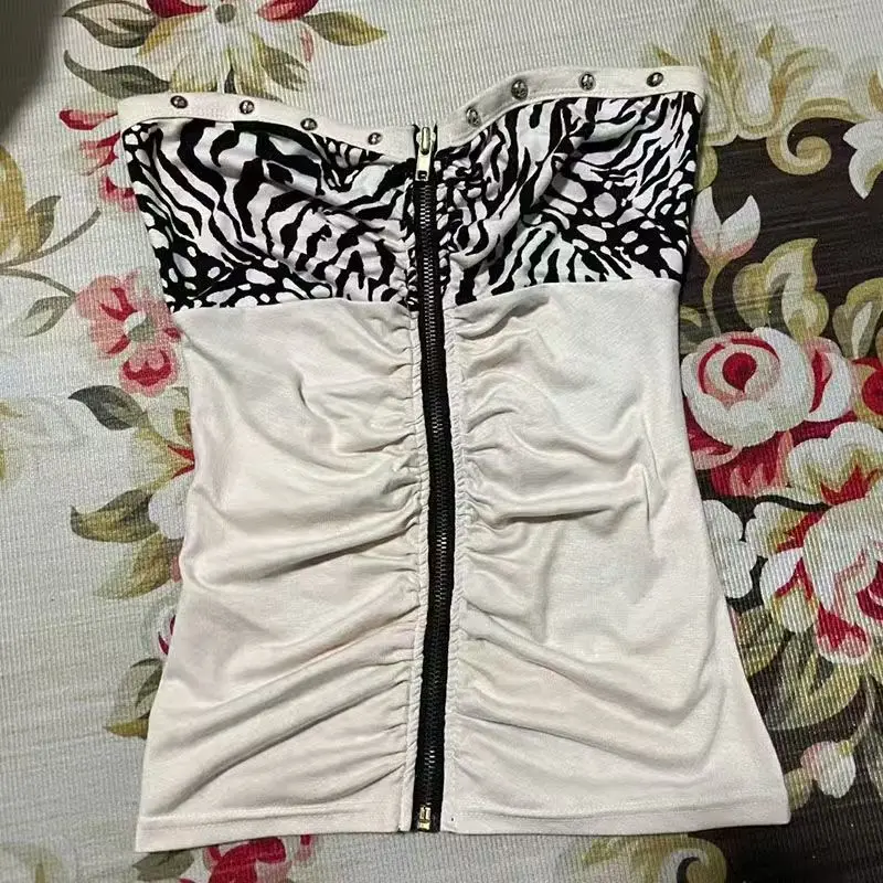 Chalecos Retro Hottie ajustados sin tirantes, camisetas sin mangas con costuras de leopardo y subcultura americana, chaleco Sexy con diseño de cremallera Punk Harajuku para mujer