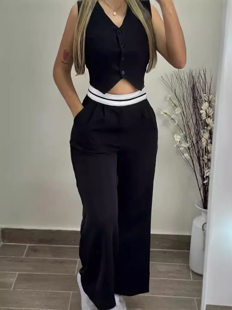 New Fashion Summer Casual Sexy Elegant V-Neck Buttoned Vest Top & Pocket Design Pants Set Womens Two Piece Sets Outfit